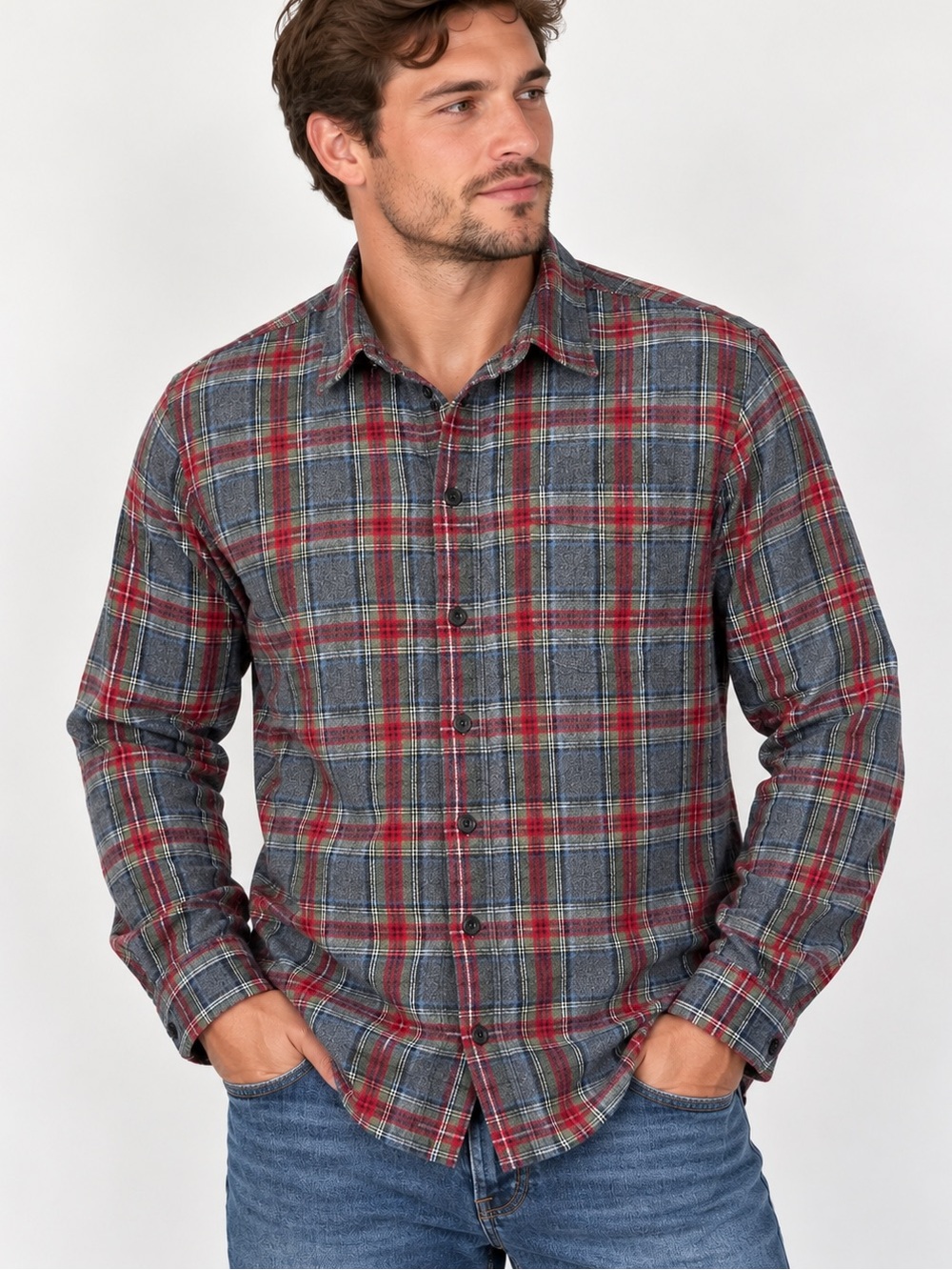 L.L.Bean Men's Medium Plaid Flannel Shirt Gray Red Green 100% Cotton Outdoor